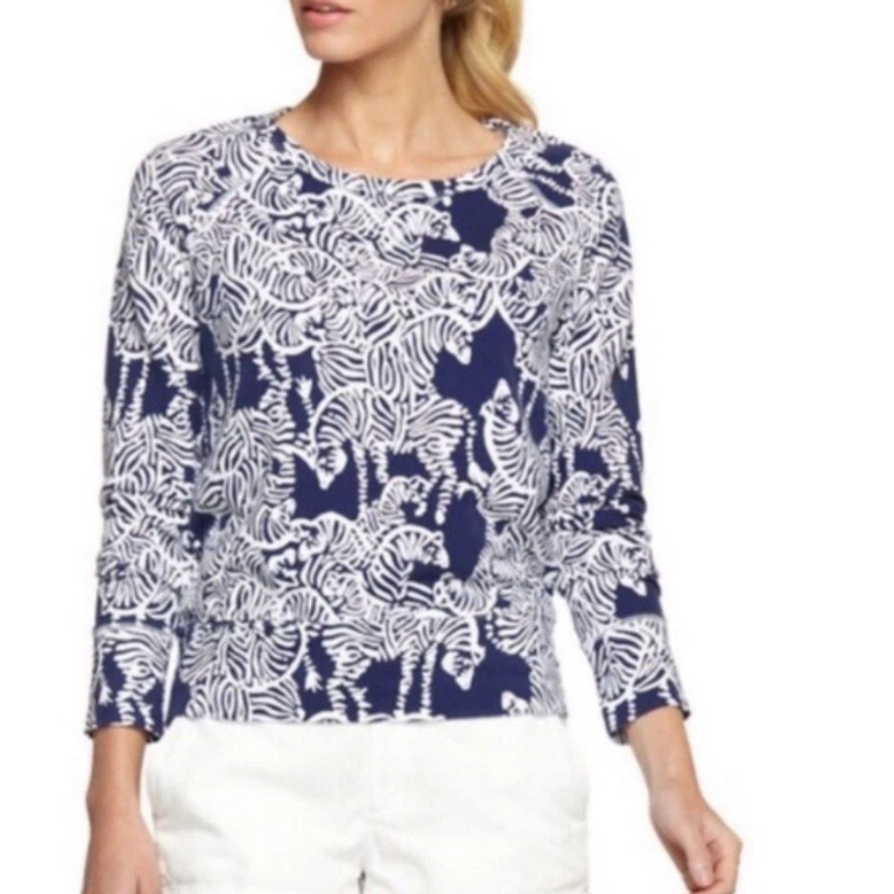 Lilly Pulitzer Etta V-Neck Top Women XS Navy Blue White Zebra Print Pullover